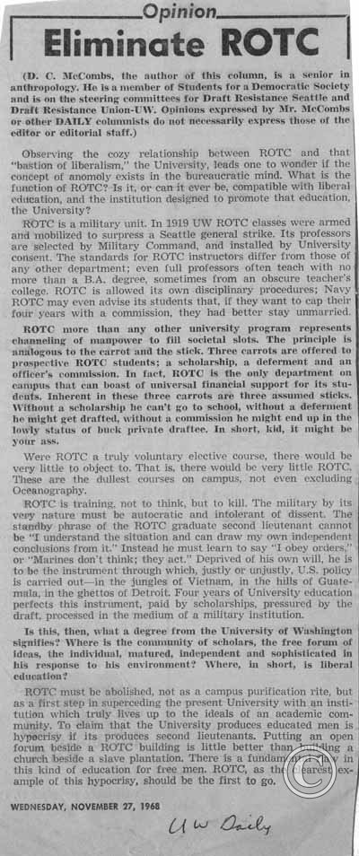 Eliminate ROTC, UW Daily, 11/27/1968