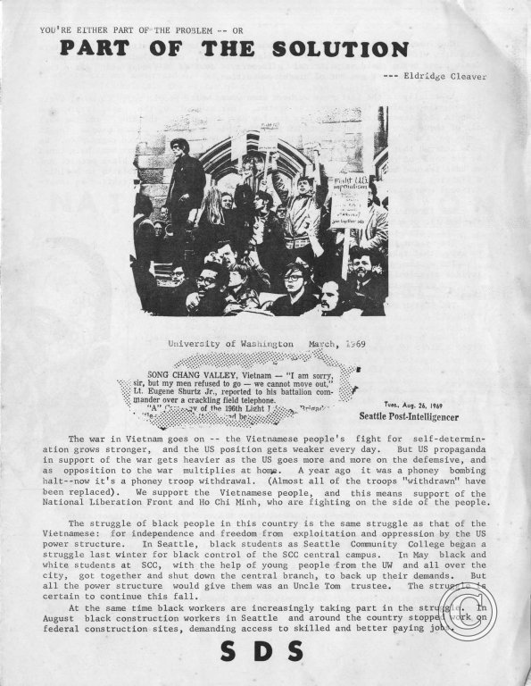 "Part Of The Solution" SDS leaflet, September 1969, page 1
