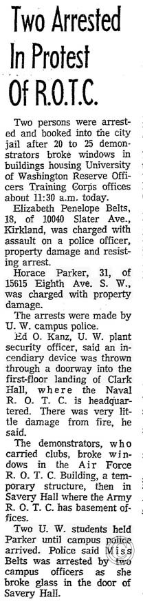 Two arrested in protest of ROTC, SDS, Seattle Times, 12/1/1969