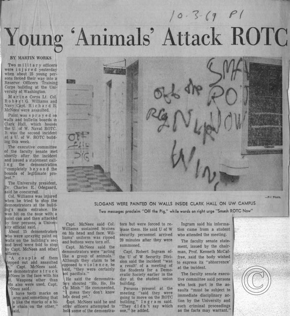 Young "Animals" Attack ROTC, 10/3/1969, Seattle PI