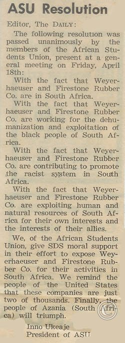 African Student Union resolution, 4-22-69, UW Daily