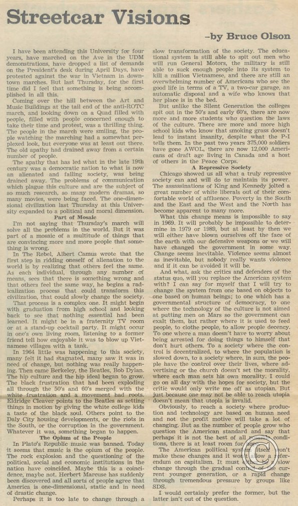 Bruce Olson column 3-13-69, UW Daily