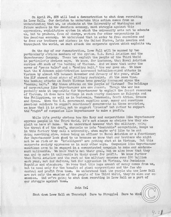 Demonstration Flyer Loew Hall Recruitment Center 4-21-69