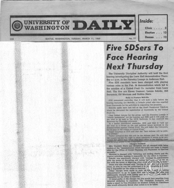 Five SDSers To Face Hearing Next Thursday, Daily, 3/11/1969