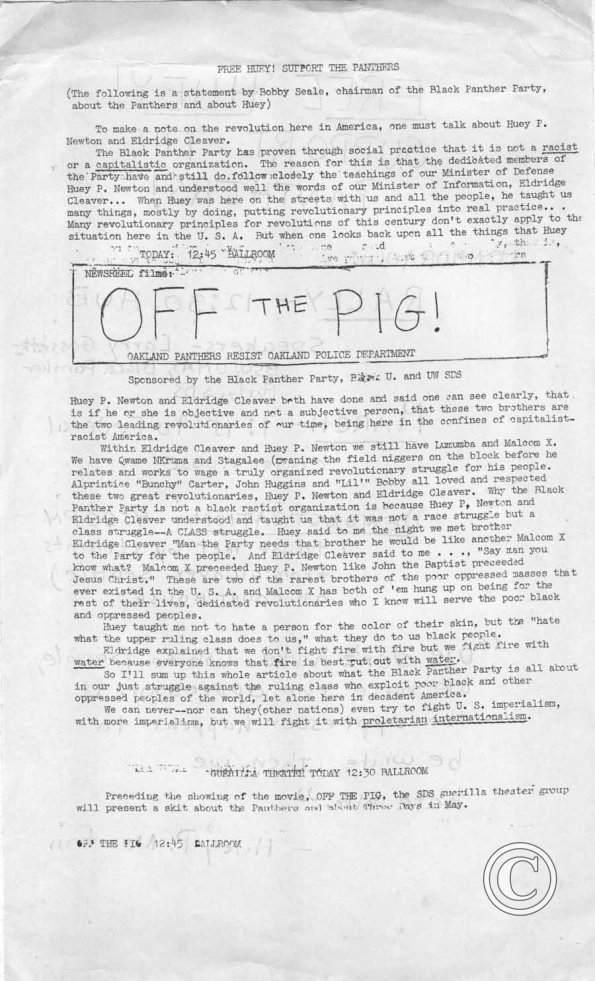 Free Huey Support The Panthers Flyer 4/30/69 pt. 1