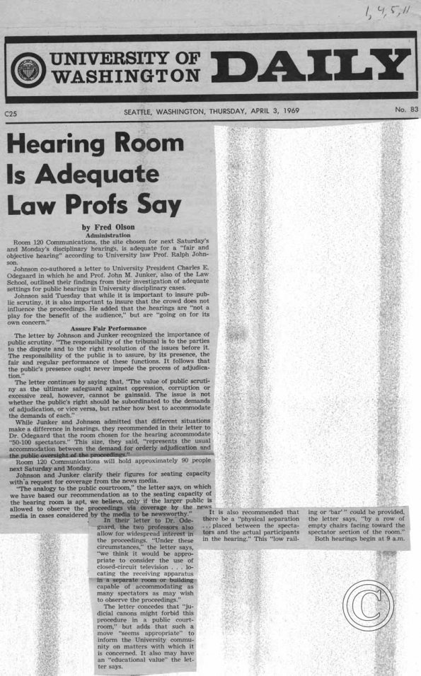 Hearing Room Is Adequate, Law Profs Say, Daily, 4/3/1963