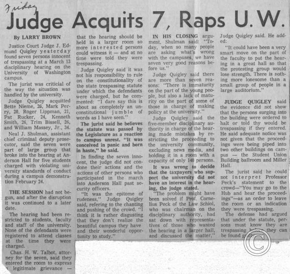 Judge Acquits 7, Raps UW. Seattle Times