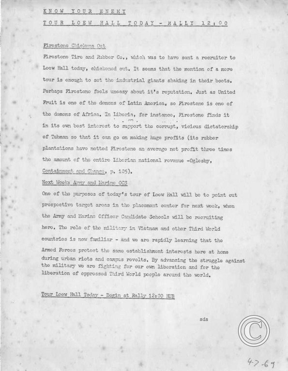 Know Your Enemy Flyer, SDS, 4/7/1969