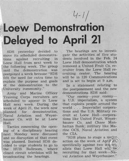 Loew Demonstration Delayed to April 21, 4/11/1969