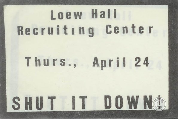 Loew Hall, Shut It Down, 4-24-69 SDS sticker