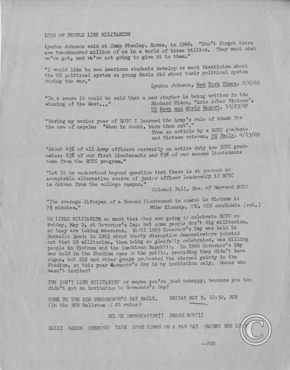Lots of People Like Militarism, SDS Flyer, 5-9-69