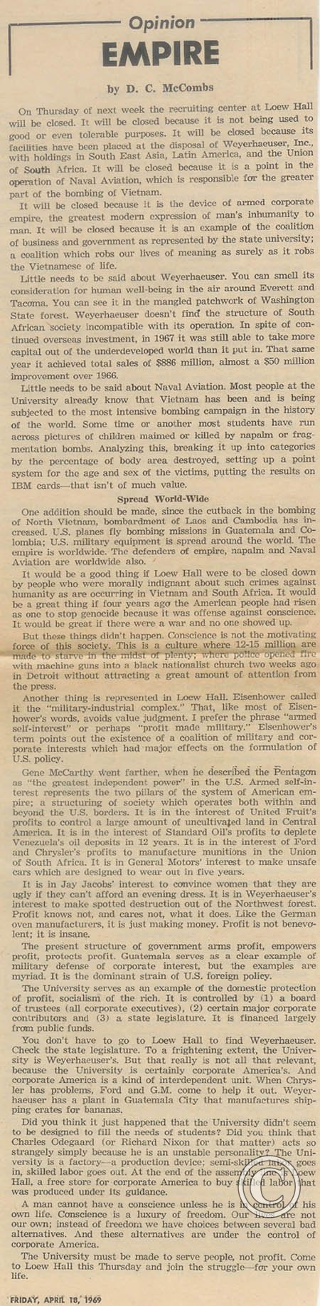 McCombs column: Loew Hall will be closed. 4-18-69 UW Daily