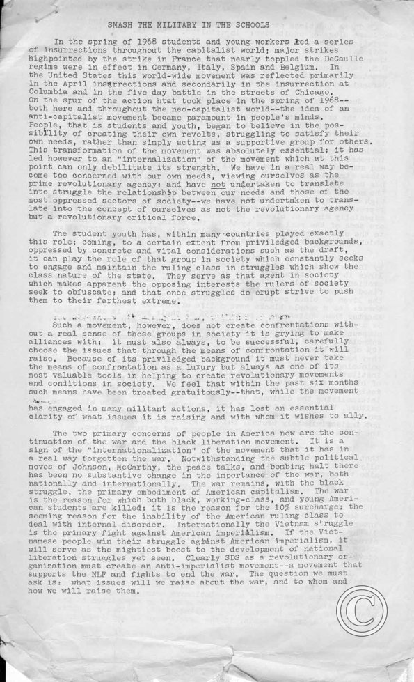 Smash The Military In the Schools Packet, pt. 1 (Columbia University SDS)