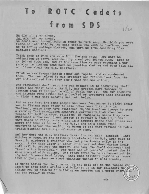 To ROTC Cadets From SDS, 3-6-69, pt. 1