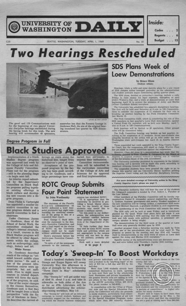 Two Hearings Rescheduled, Daily, 4/1/1969