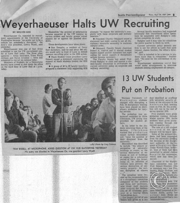 Weyerhaeuser Halts UW Recruiting, SPI, 4/24/1969