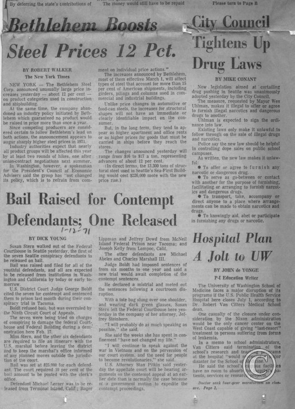 Bail Raised For Contempt Defendants; One Released, Seattle PI, 1-12-1971