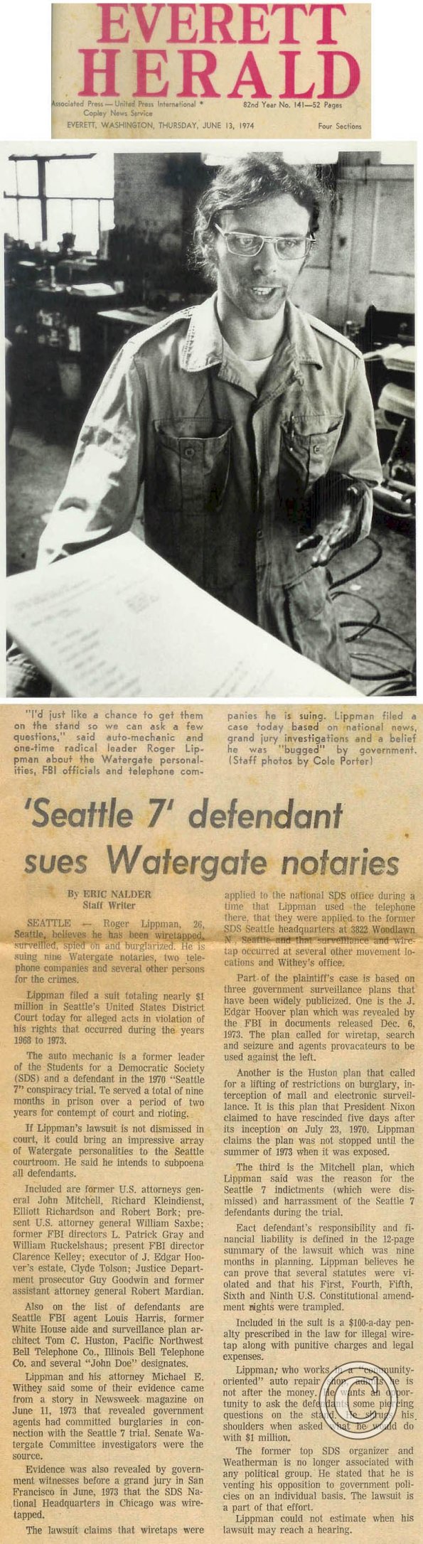 Wiretap lawsuit article by Eric Nalder, June 1974