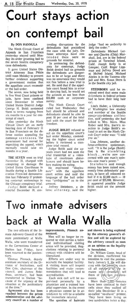 Court stays action on contempt bail. Seattle Times, 12/30/1970
