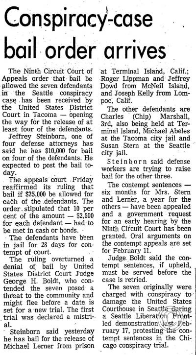Conspiracy case bail order arrives. Seattle Times, 1/11/1971