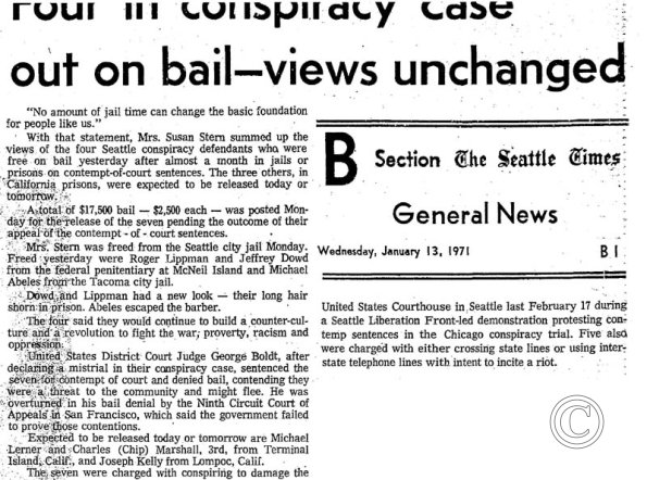 Four in conspiracy case out on bail-views unchanged. Seattle Times, 1/13/1970