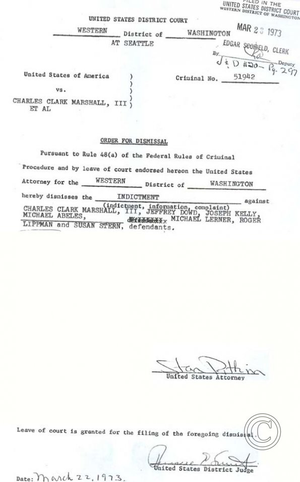 Court order for dismissal of Seattle 7 indictment, March 22, 1973