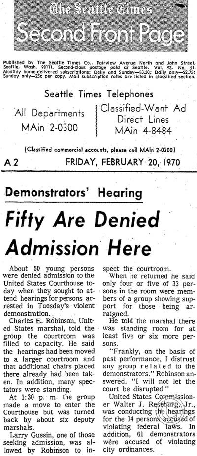 2-20-1970 demonstration at Federal Courthouse, in support of those arrested at TDA. Seattle Times
