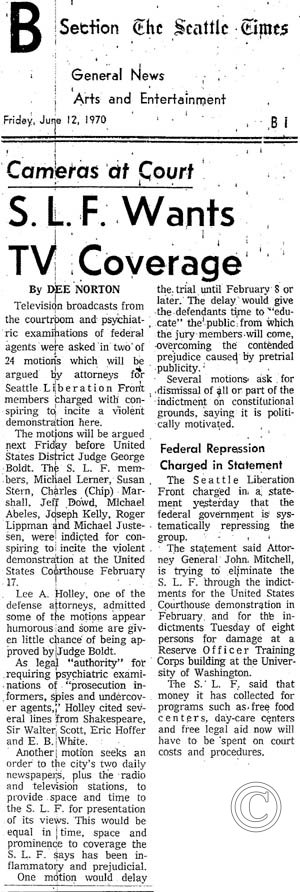 SLF Wants TV Coverage, Seattle Times 6/12/1970