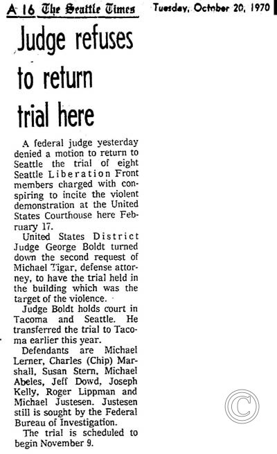 Judge refuses to return trial here, Seattle Times 10/20/1970