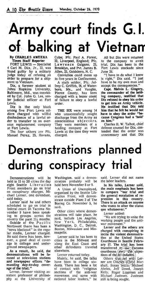 Demonstrations planned during conspiracy trial, Seattle Times 10/26/1970