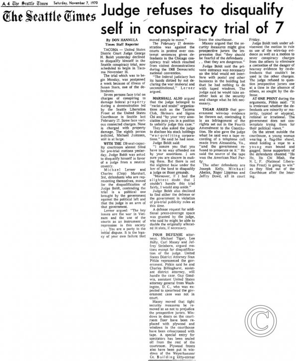 Judge refuses to disqualify self in conspiracy trial of 7, Seattle Times 11/7/1970