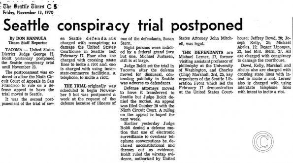 Seattle conspiracy trial postponed, Seattle Times 11/13/1970