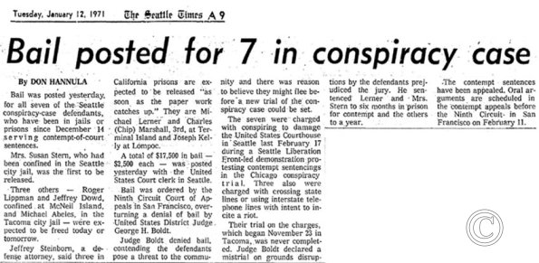 Bail posted for 7 in conspiracy cas. Seattle Times, 1/12/1971