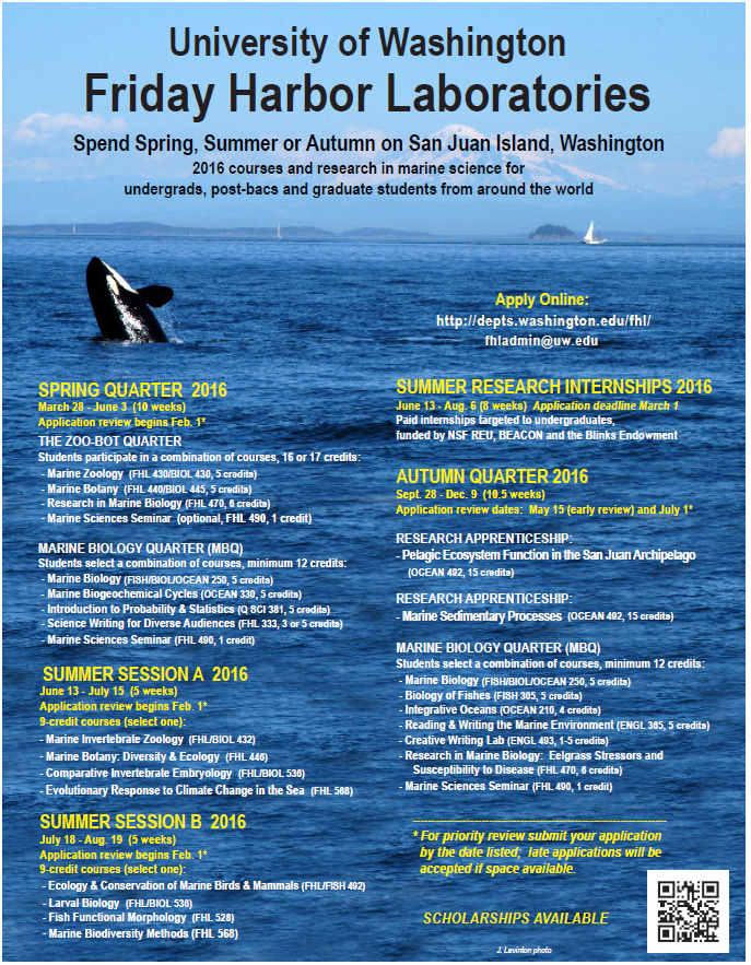 Friday Harbor courses and research for spring/summer/fall 2016 UW Pre