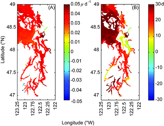 Maps showing differences between the present-day and future growth and bloom duration 