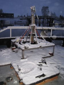 The craib corer shown on the deck of R/V Barnes covered in snow