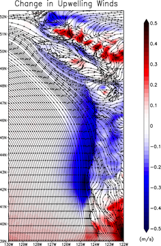 Map with contours showing the streamlines for the current summertime surface winds