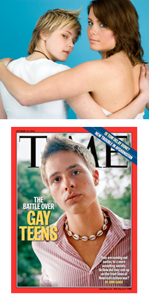 Two girls have their arms around each other as they look back over their shoulders at the camera. and Time magazine cover has photo of young male with the headline, 'The Battle over Gay Teens.'