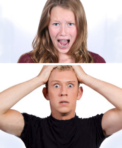 Girl who has her mouth open and looks as though shes yelling. Boy looking as though in horror as he holds both his hands to the top of his head.