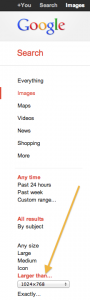 Google Images screenshot showing size searching