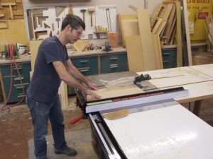 John Martin, Wood Shop Instructional Technician, using SawStop table saw purchased with funds from the Ingham Fund for Excellence in 2009; photo by Jeanette Mills, 2-2012