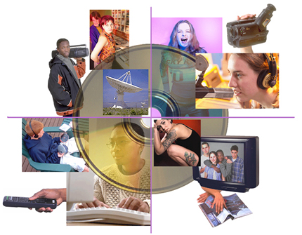collage of teens interacting with and using various forms of media