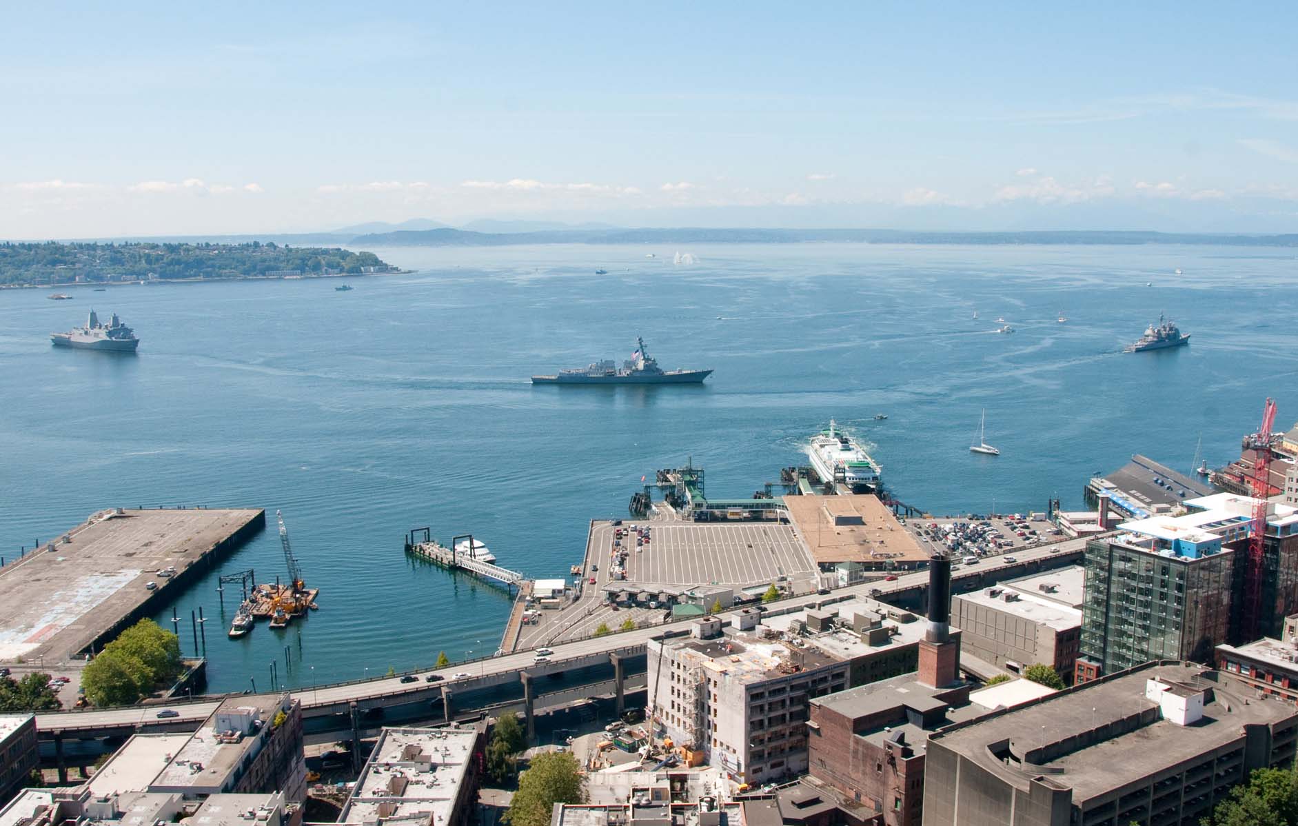 Aerial view of Washington State Ferries dock and Puget Sound in Seattle