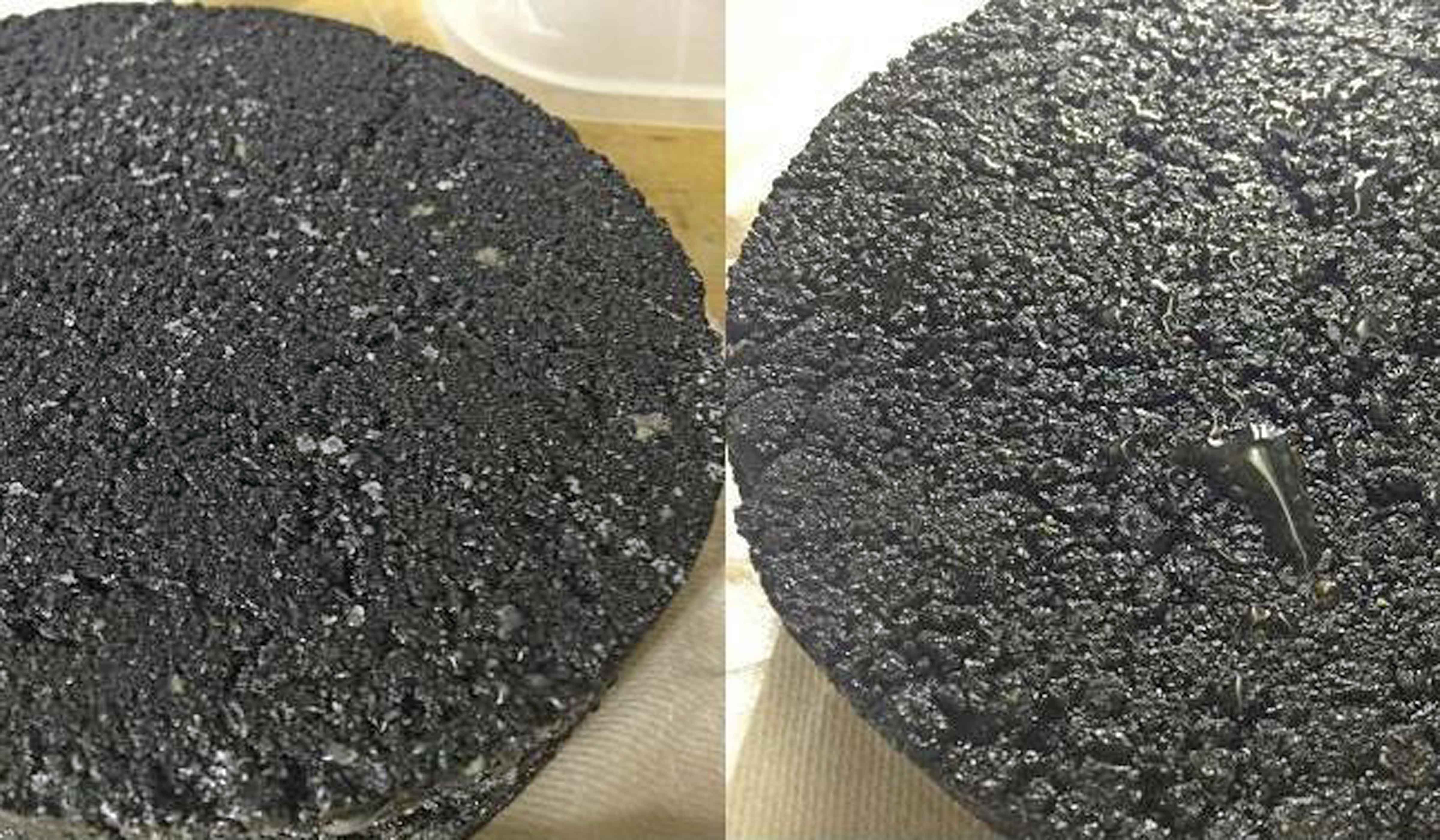 Photos hows two hot mix asphalt sample slices s are shown: on the left is the control after fog freezing, on the right the anti-icing sample.
