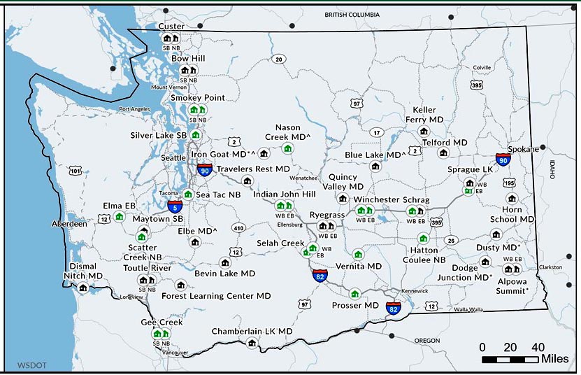 Map of Washington state rest areas.