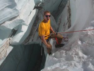 Exploring a particularly large crevasse on Mount Rainier