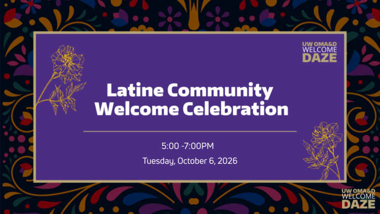 Banner for the Latine Community Welcome Celebration on Tuesday, October 6, 2026 at 5pm to 7pm