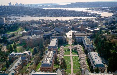 Aerial view of University of Washington camps, and greater Seattle area. The Liberal Arts Quad is in the foreground.