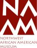 White geometric sans serif text on dark red square reads "NAAM". Red text below reads "Northwest African American Museum"
