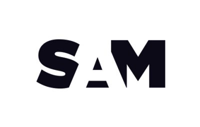 Black and white sans serif lettering reads "SAM"